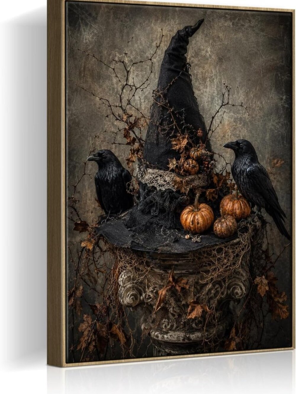 Spooky Halloween Framed Wall Art - Witch Hat, Raven & Pumpkin Decor